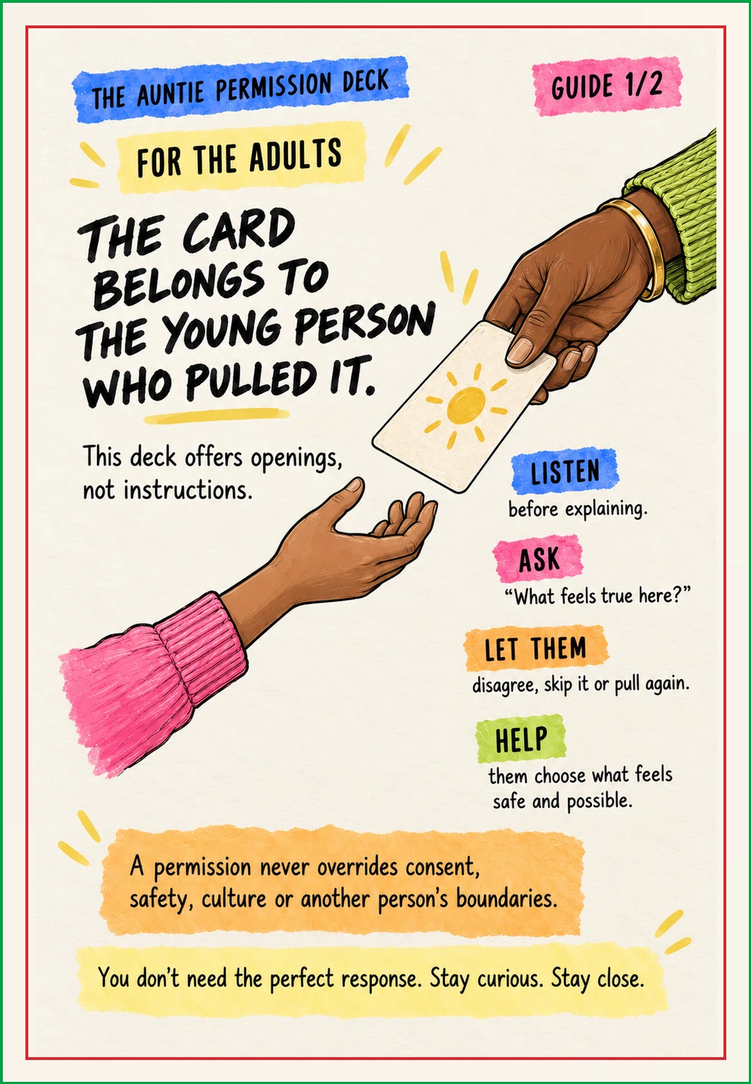 Guide card 1 of 2: for the adults